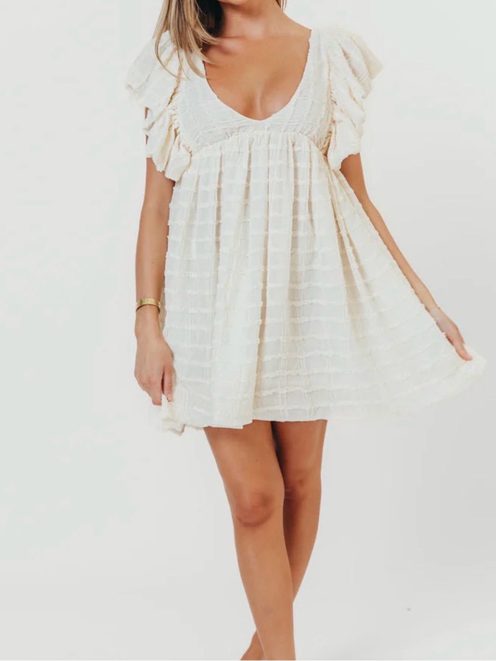Cream Ruffled V-Neck Mini Dress